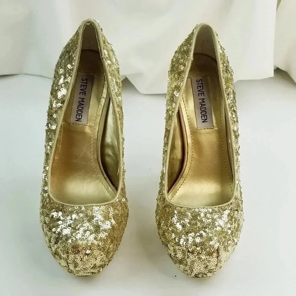 Steve Madden Size 6.5M Bitter Platform Gold Sequin Stiletto Heel Women's Pumps - Picture 10 of 12